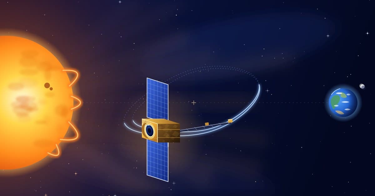 An original illustration of a small spacecraft with a boom and a gold-edged telescope aperture, drifting in a looping halo orbit between a glowing Sun and a distant blue Earth.