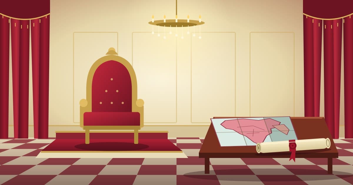 Illustration of an address scroll and a viceroy's empty chair in a ballroom, with a map of British India folded on a table beside them