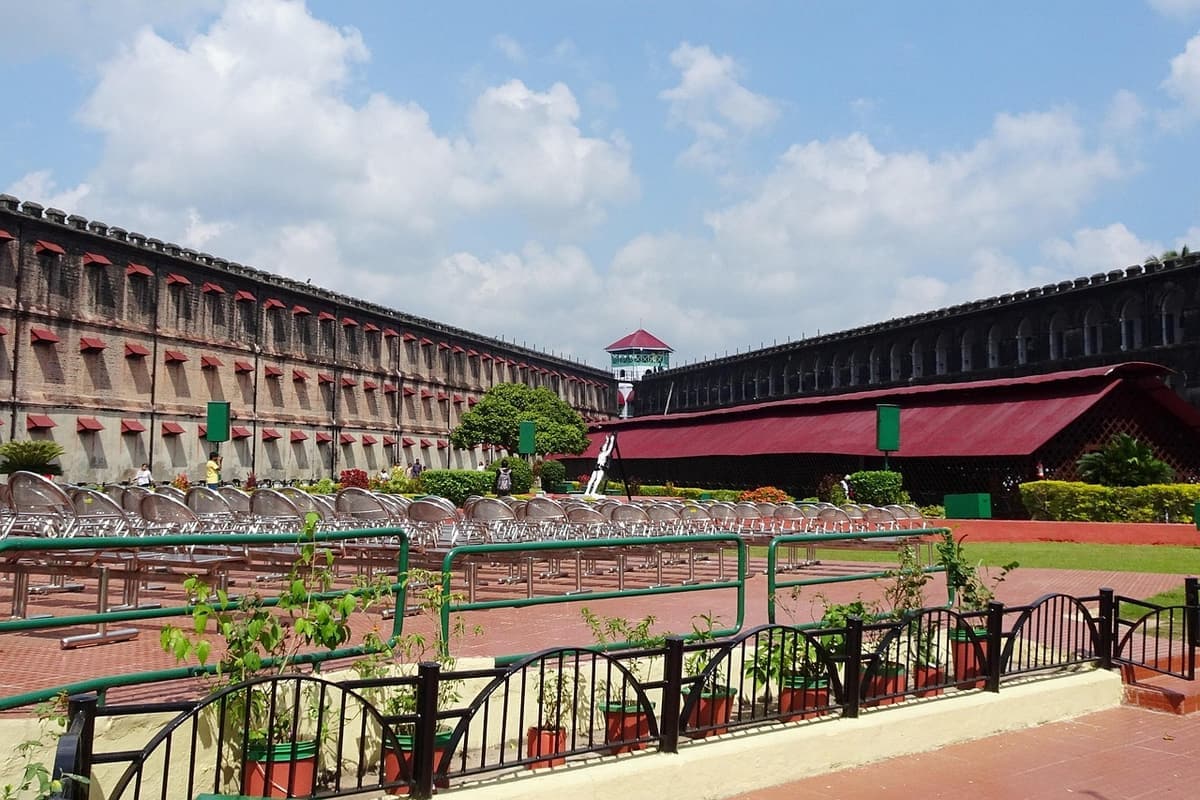The Cellular Jail at Port Blair in the Andaman Islands, with its surviving cell wings and central tower