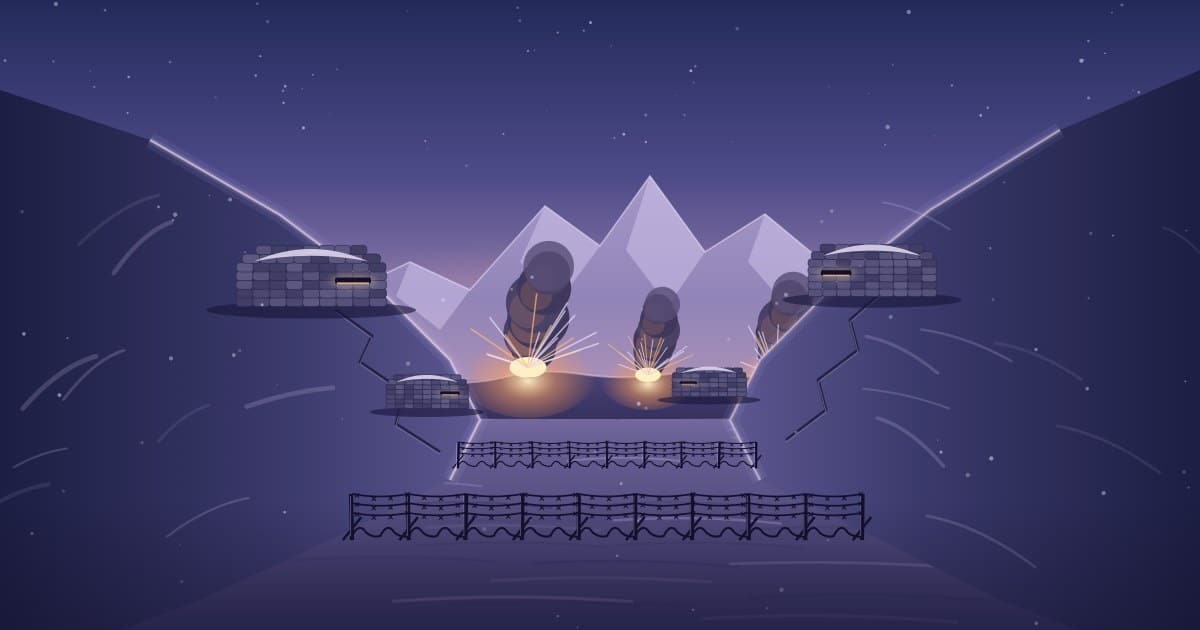 An illustration of a snowbound Himalayan pass at dusk with sandbagged bunkers on two facing shoulders, a line of barbed wire across the saddle and shell bursts on the far ridge