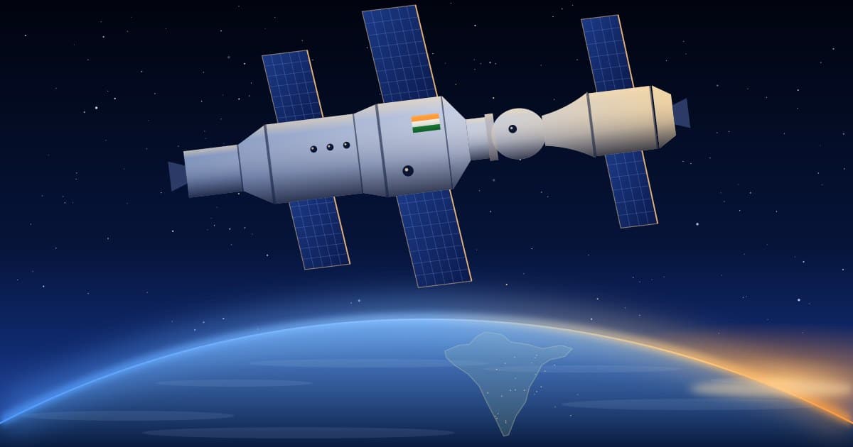 An original illustration of a Soyuz spacecraft docked to the Salyut 7 station above the curve of the Earth, with the Indian subcontinent faintly visible below and a small tricolour pennant on the hull