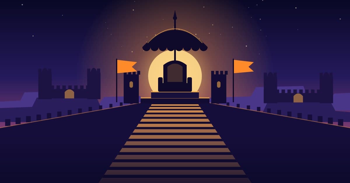 Illustration of a Sahyadri hill fort on a mountain ridge, with a raised throne under a royal umbrella at the top of a long stairway