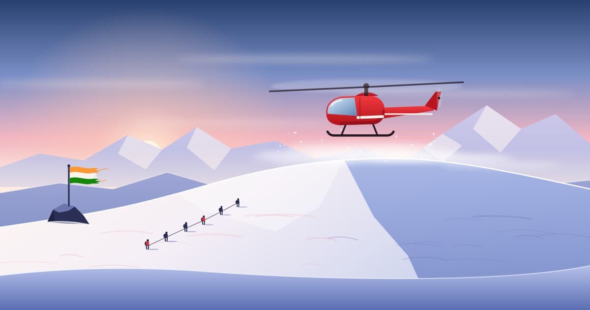 An illustration of a small red helicopter hovering above a snow ridge at dawn, with tiny figures on the slope and a wind-torn flag on a rock